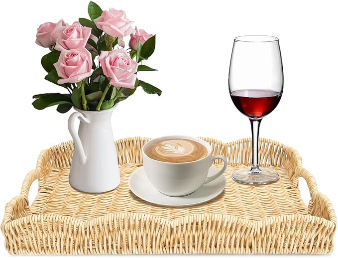 Rectangle Wicker Scalloped Tray, Hand Woven Synthetic Rattan Serving Tray with Handles, Coffee Ta... | Amazon (US)