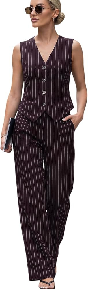 Women's 2 Piece Outfits Linen Vest Waistcoat Dressy Casual Sets Wide Leg Pants Suits Blue at Amaz... | Amazon (US)