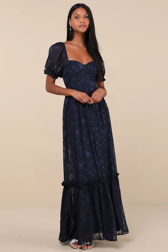 Phenomenal Sweetness Navy Floral Burnout Bustier Maxi Dress | Lulus