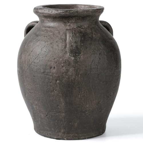 Handmade Black Ceramic Vases 9.5” Matte Antique Decorative Vase with 3-Ear Design Modern Rustic Home Decor for Living Room, Shelf, Table, Entryway – Jarrones Decorativos para Sala | Amazon (US)
