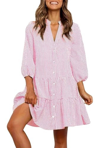 CHARTOU Summer Shirt Dress for Women Plaid Gingham 3/4 Sleeve Button Down Flowy Midi Dress | Amazon (US)
