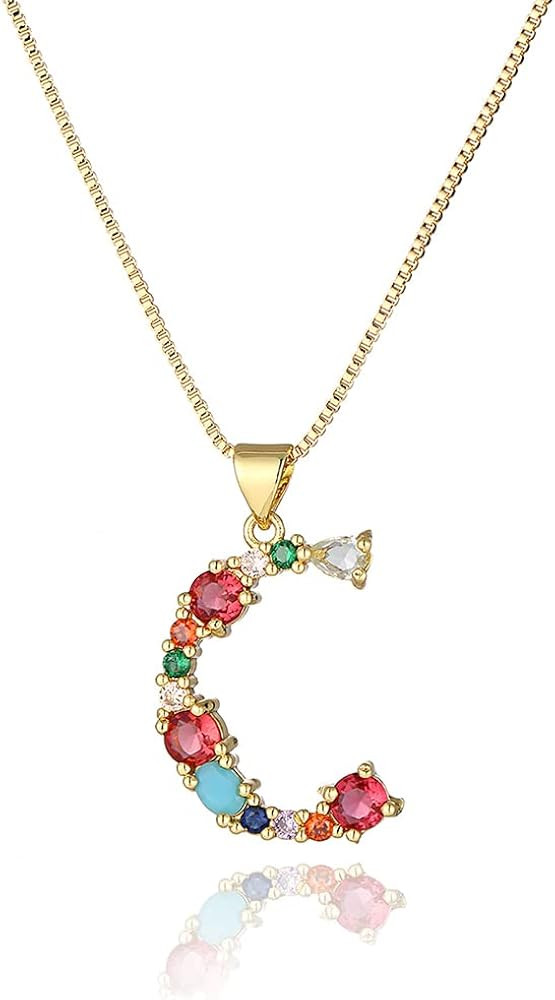 Eben-Ezer 18K Gold Box Chain Choker Initial Necklace Multi-Color Zircon Letter Pendant Script Nam... | Amazon (US)