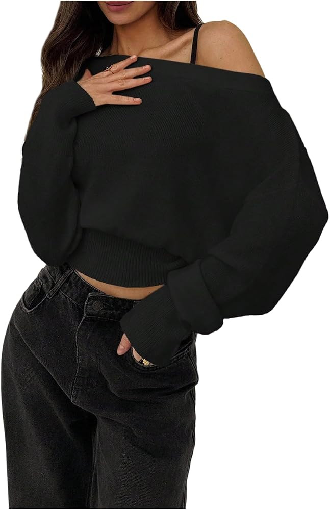 Women's Off The Shoulder Sweater Long Sleeve Knit Pullover Cinched Waist Tops Trendy Fall Outfits | Amazon (US)