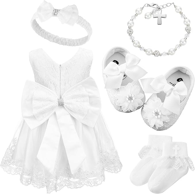 5 Pcs Baby Girl Baptism Outfit Includes Lace Christening Dresses Bowknot Headwear Cross Charm Bra... | Amazon (US)