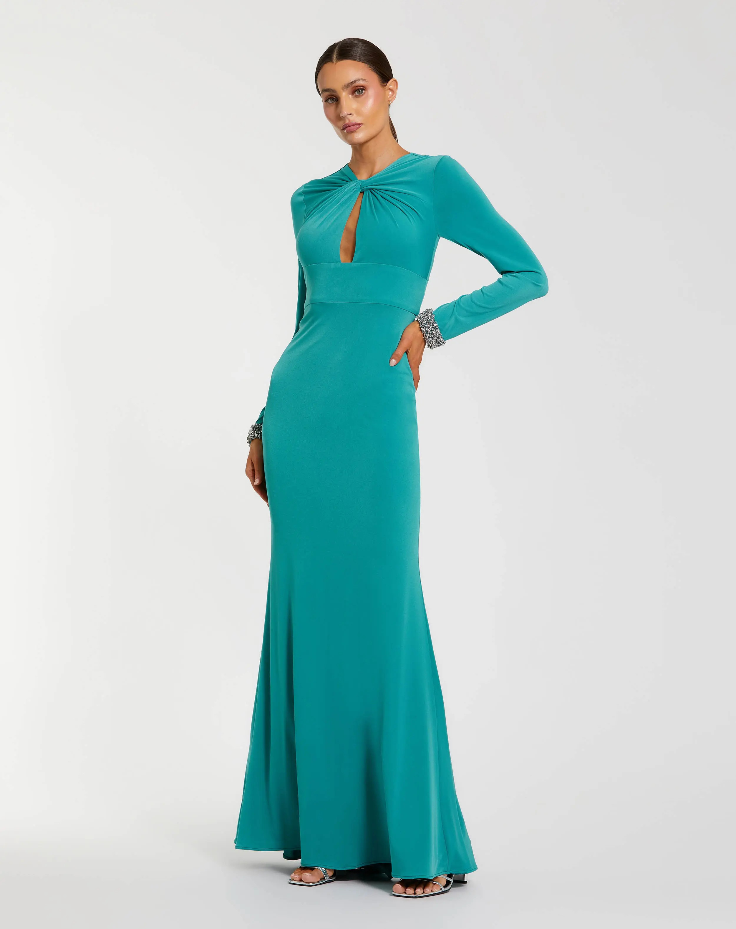 Ieena for Mac Duggal - Teal Long Sleeve Twist Neck Jersey Gown With Embellished Cuffs - Teal / L | Mac Duggal