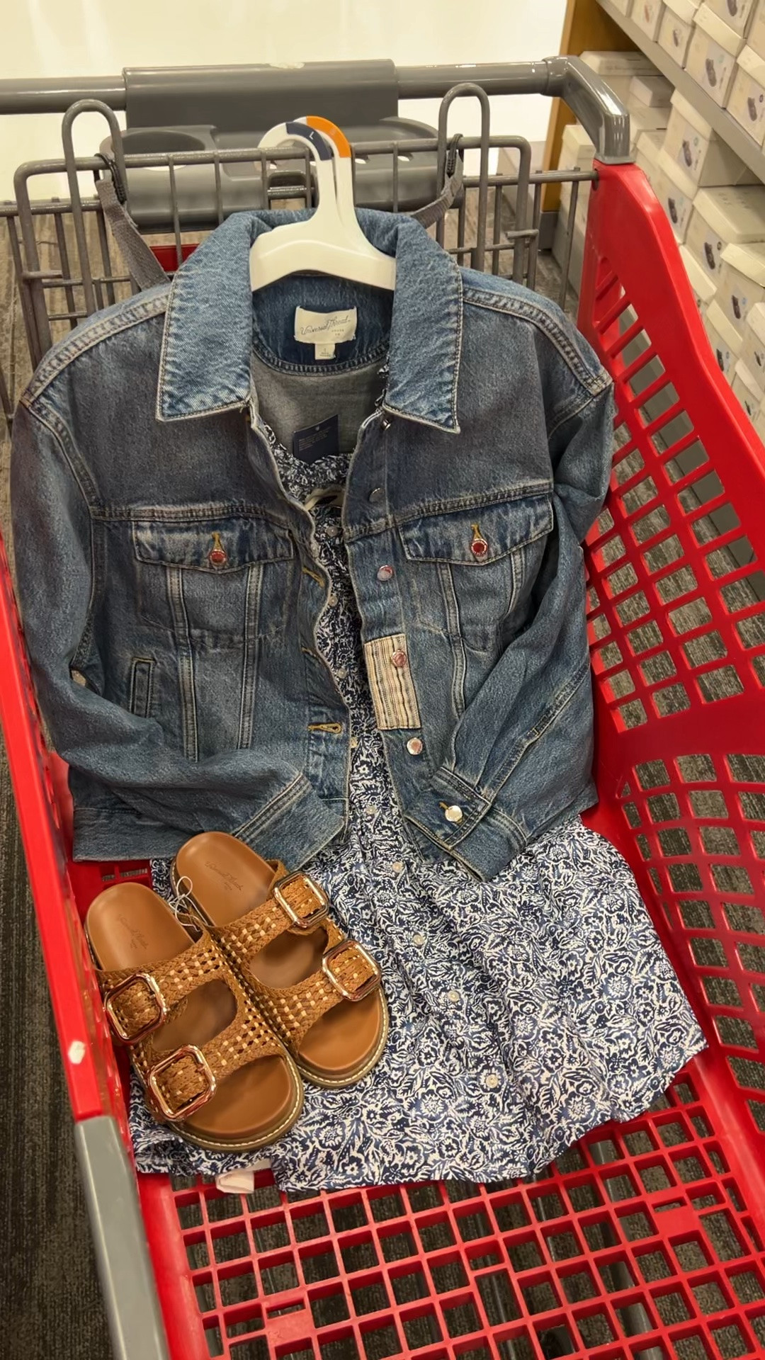 Cotton mini dress and denim jacket (with beautiful bandana patchwork detail on the back!) with double strap sandals at Target, cute and comfy summer outfit idea #targetstyle