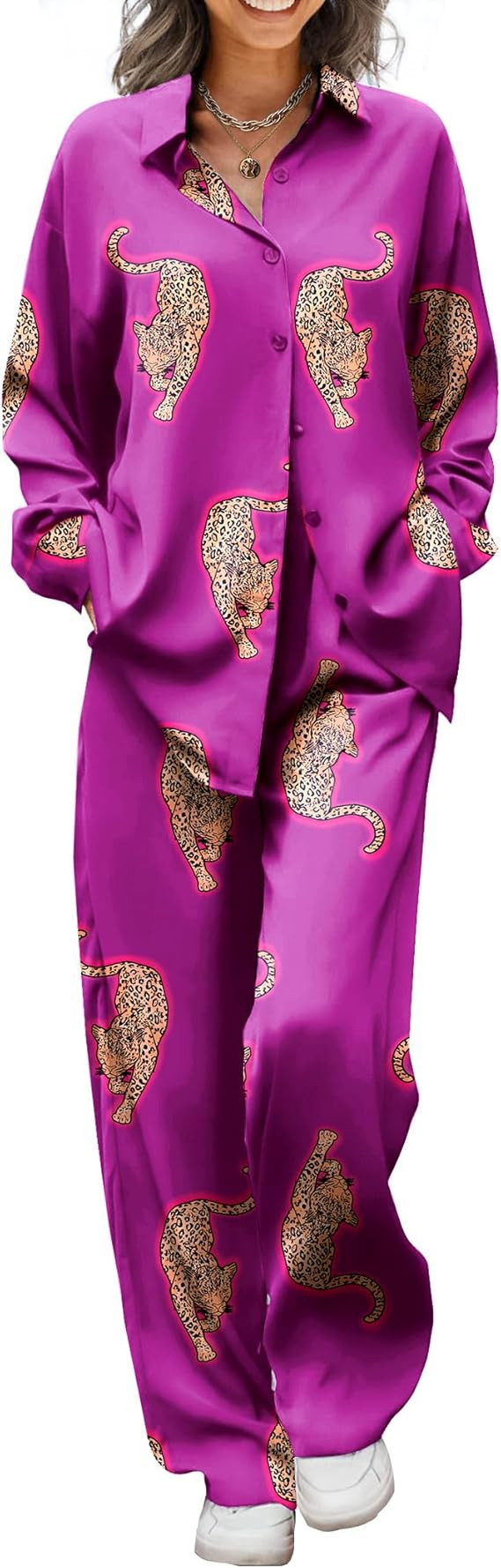 Ekouaer Womens Satin Silky Pajama Set 2 Piece Print PJs Soft Loungewear Button Down Sleepwear wit... | Amazon (US)