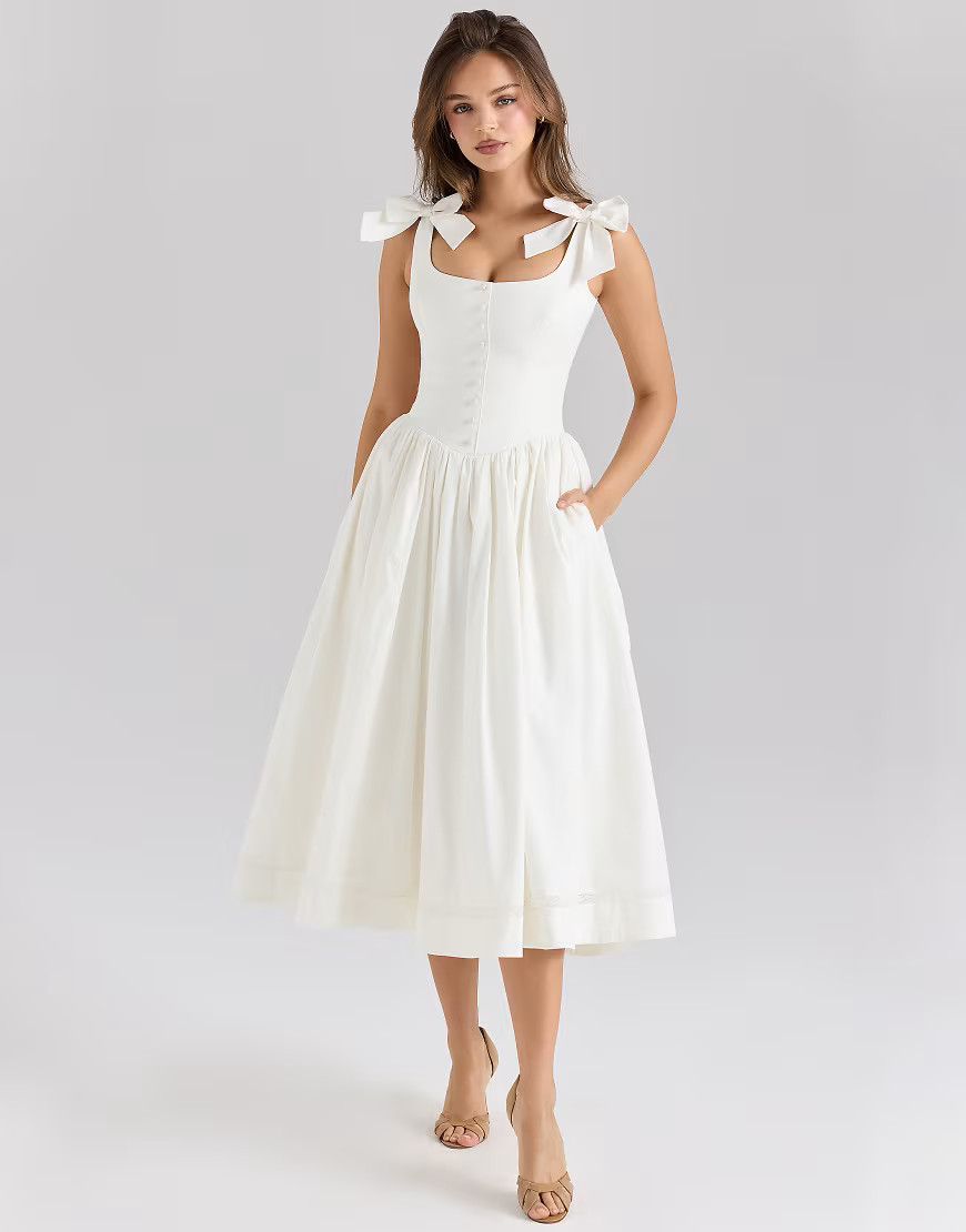 House of CB Lillia stretch cotton bow midi dress in white | ASOS (Global)