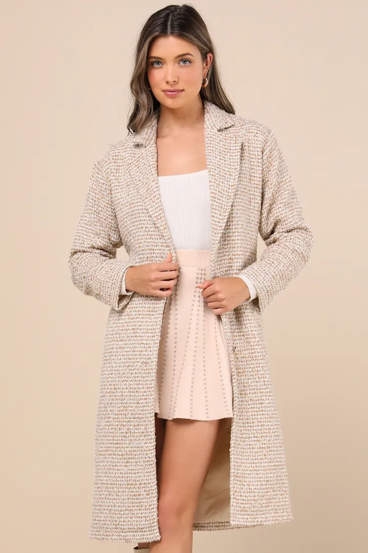 Seasonal Sophisticate Tan Tweed Belted Two-Tone Coat | Lulus