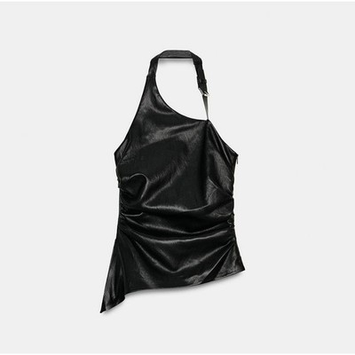 NWT Zara Women Black Buckle Top Faux Leather One Shoulder Ruched XS 4387/089 | eBay US