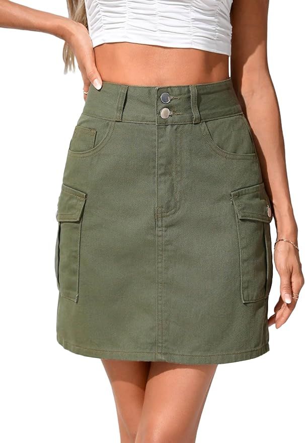 Milumia Women's High Waisted Denim Mini Skirt Flap Pocket Straight Hem Jean Cargo Skirts | Amazon (US)