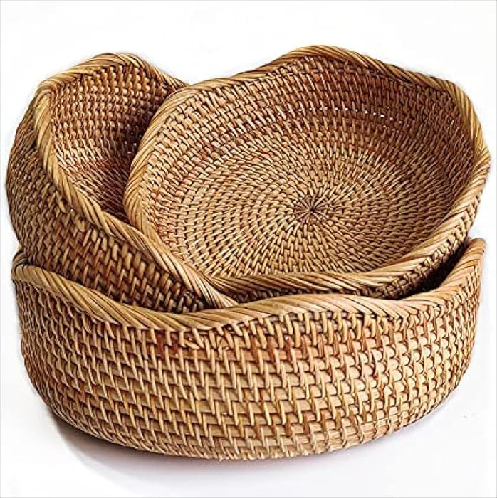 YANGQIHOME Rattan Bread Basket, Round Fruit Baskets, Wicker Storage Bowls, Natural Woven Serving Basket Bowls, Decorative Baskets for Kitchen Counter Organizing | Amazon (US)