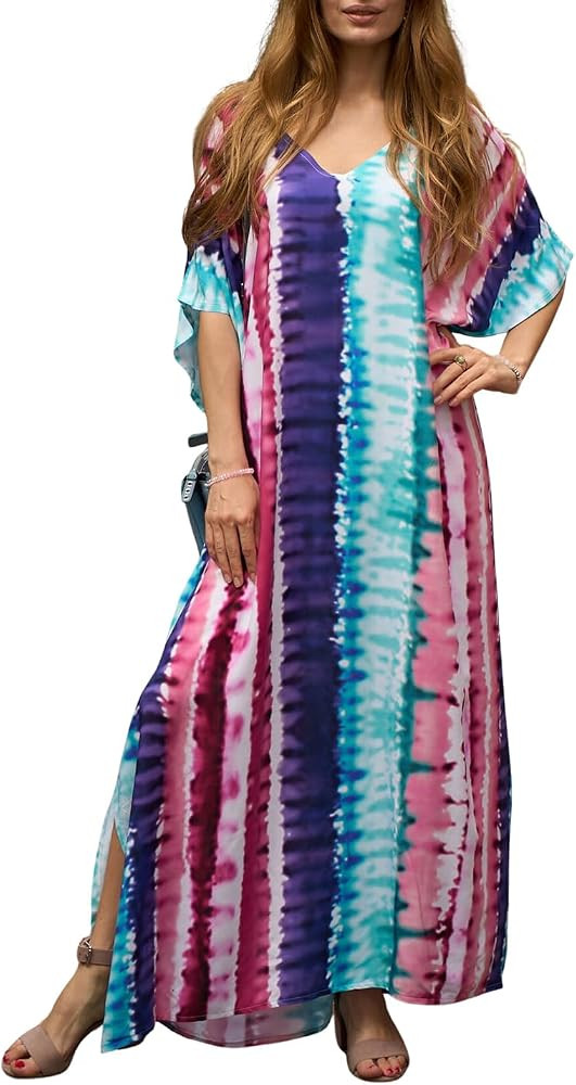 AILUNSNIKA Women Print Kaftan Dress Plus Size Caftan Loose Bikini Cover Up Casual V-Neck Maxi Dre... | Amazon (US)