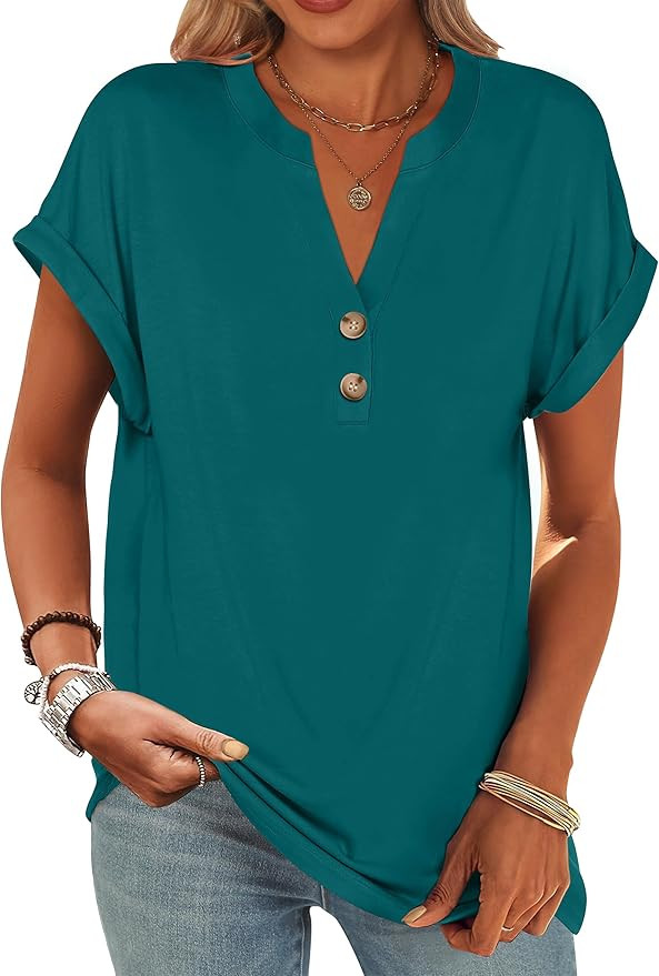 ANRABESS Womens Short Sleeve Henley Tops V Neck Dressy Casual Blouses Summer Trendy Tee Shirts 20... | Amazon (US)