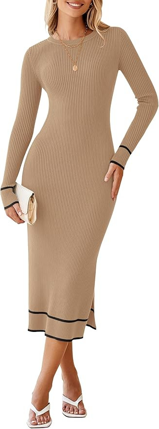HAEOF Womens 2024 Long Sleeve Bodycon Sweater Dress Ribbed Knit Crewneck Trendy Side Slit Fall Wi... | Amazon (US)
