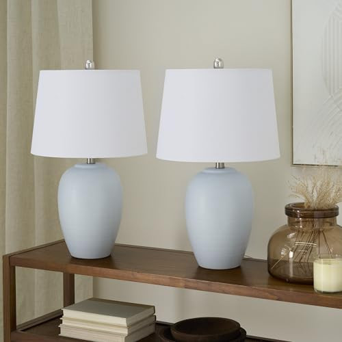 Nourison 23" Coastal Blue Ceramic Pot Table Lamp for Bedroom, Living Room, Dining Room, Entryway, with White Shade, Set of 2 Lamps | Amazon (US)