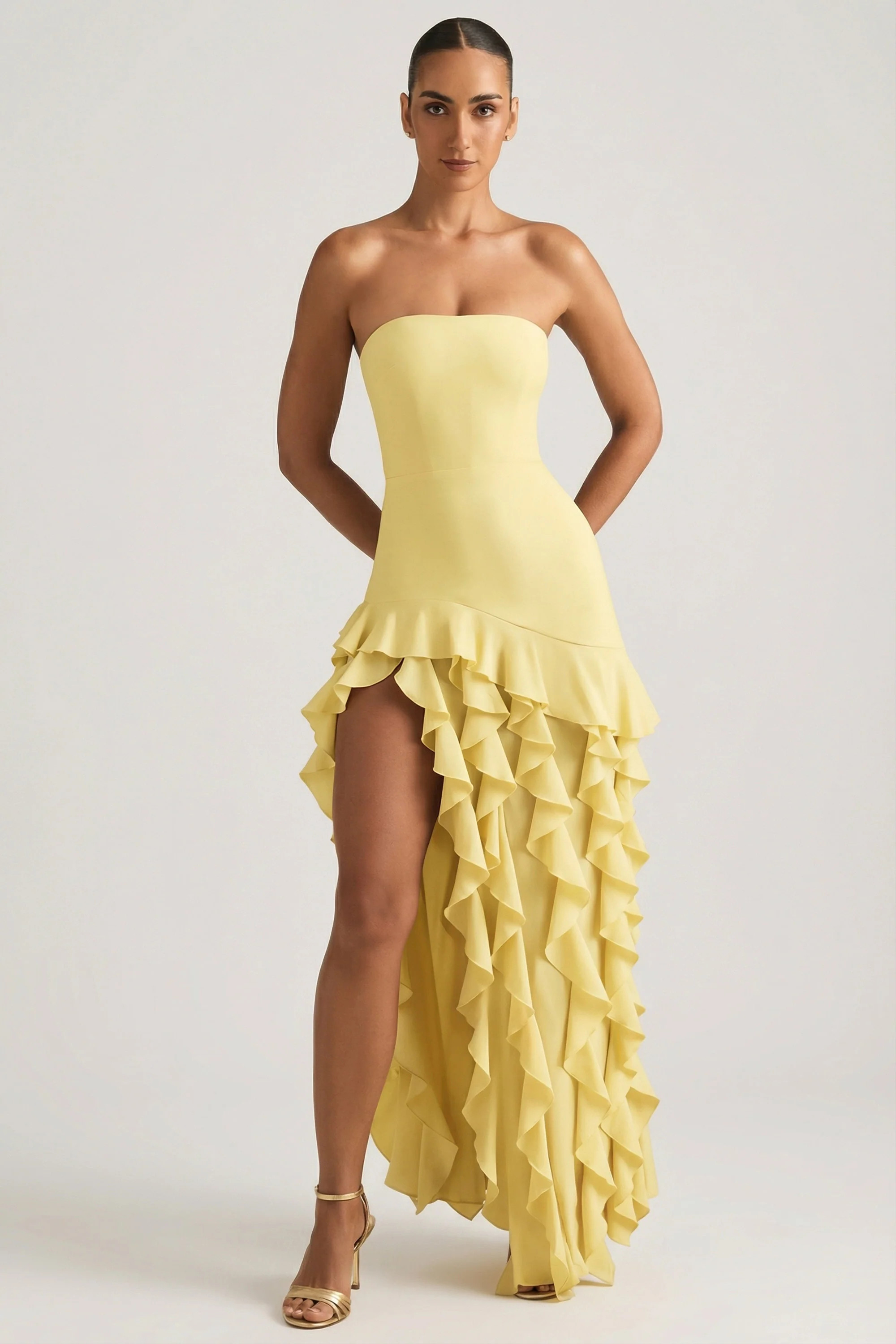 Ruffle-Trim Strapless Gown in Pastel Yellow | Oh Polly