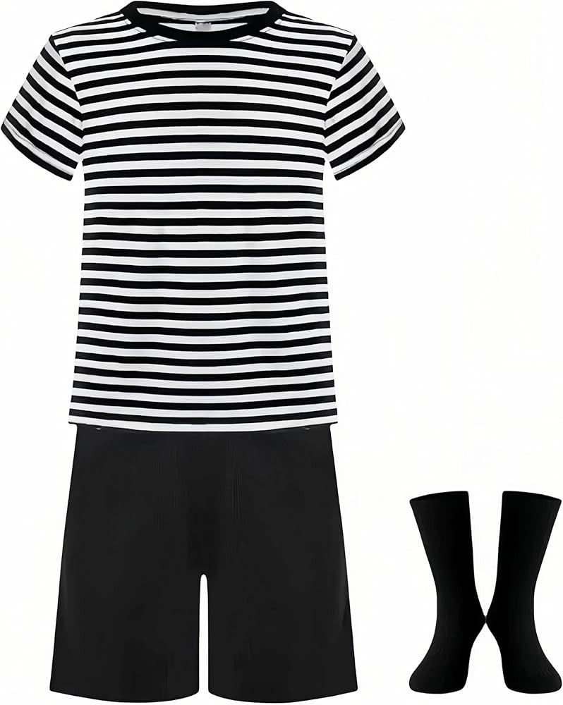 Halloween Addams Costume for Boys Black and White Striped T Shirts Sleeve Stripes Toddler Shorts ... | Amazon (US)
