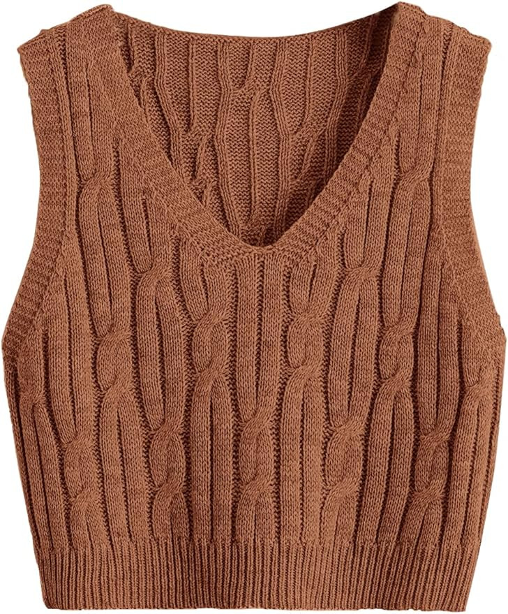 Romwe Women's Cable Knit Crop Sweater Vest Preppy Style Sleeveless V Neck Knitwear Tank Tops | Amazon (US)