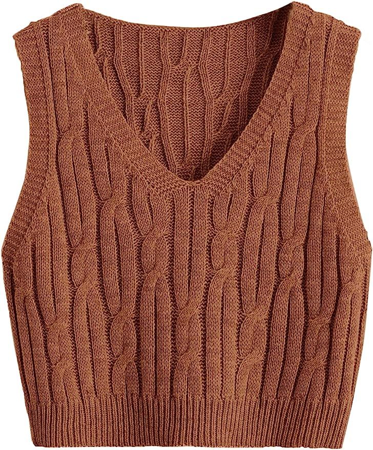 Romwe Women's Cable Knit Crop Sweater Vest Preppy Style Sleeveless V Neck Knitwear Tank Tops | Amazon (US)