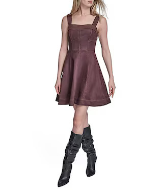 Suede Square Neck Sleeveless Wide Strap Fit & Flare Dress | Dillard's