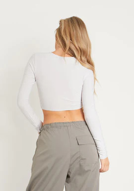 Amida Grey Long Sleeve Crew Neck Smooth Crop Top | Missy Empire (UK)