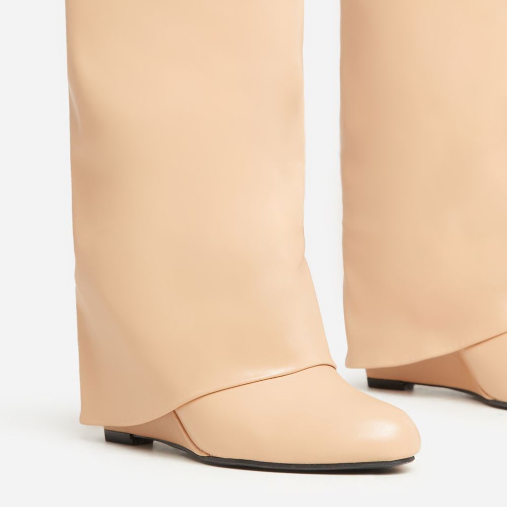 I-Am-The-One Padlock Detail Wedge Heel Knee High Long Boot In Nude Faux Leather | EGO Shoes (US & Canada)