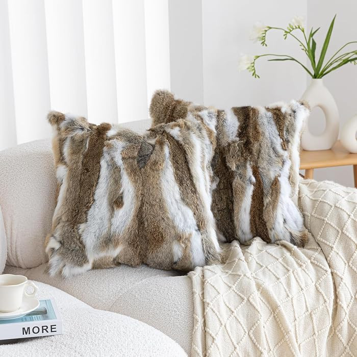 Genuine Rabbit Fur Pillow Covers Set of 2,Luxury Decorative Throw Pillowcases Fluffy Animal Skin ... | Amazon (US)