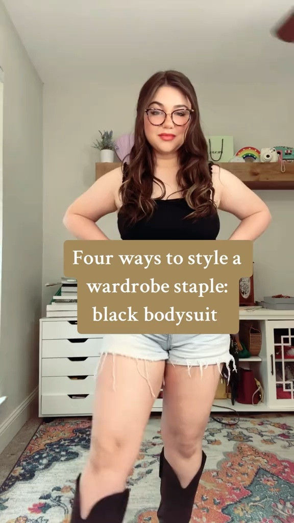 4 ways to style a black body suit: high waisted mom shorts, cowboy boots, black pleated skirt, white ruffle skirt, black distressed denim jeans, striped button up

#LTKFindsUnder50 #LTKStyleTip