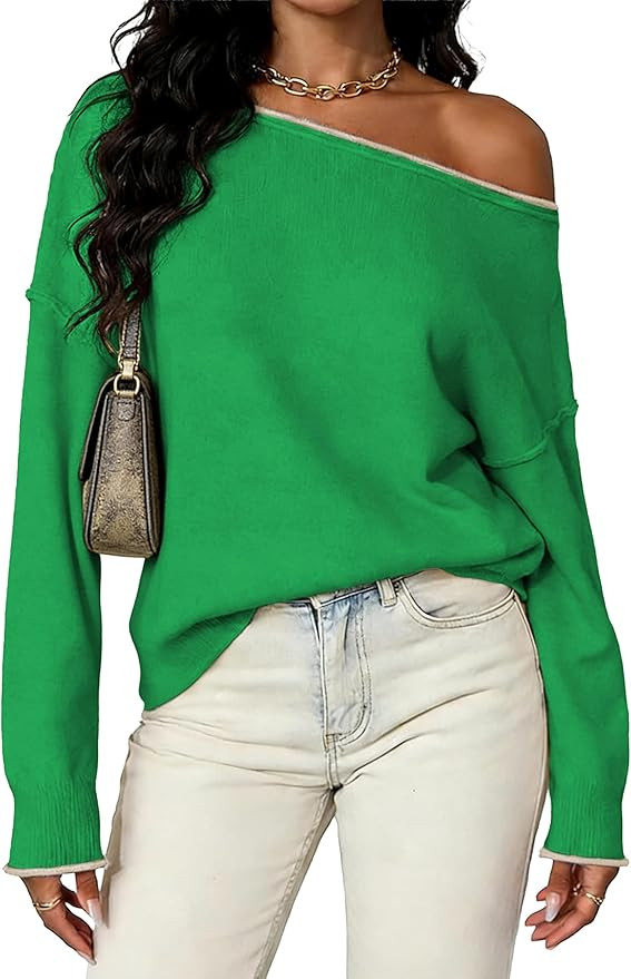 Womens Sweaters Oversized Off The Shoulder Pullover Tops Long Sleeve Knit Sweater Dressy Casual O... | Amazon (US)