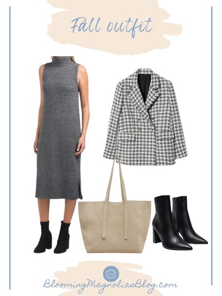 Fall outfit idea. 30% off the bag, tweed blazer, and ankle boots with purchase over $200. Use code EXTRA30 

• sleeveless mock neck sweater dress with double slits • tweed blazer • ankle boots • leather shopper bag  

#LTKsalealert #LTKSeasonal #LTKstyletip