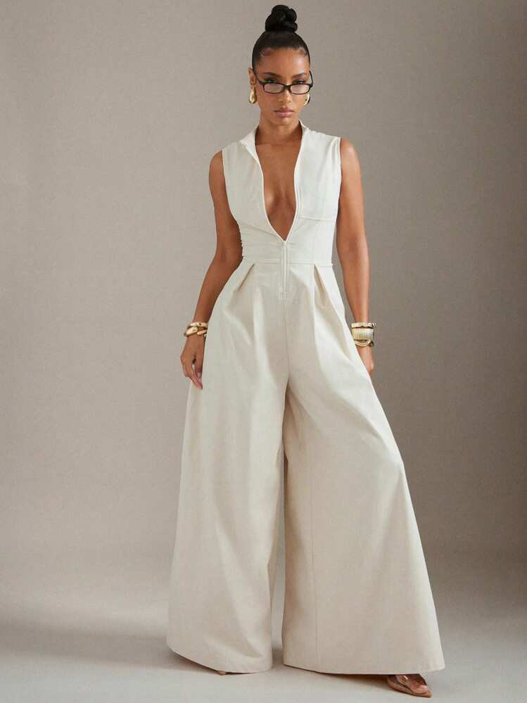Hauture Extreme Wide Leg Zip Front Sleeveless Jumpsuit | SHEIN