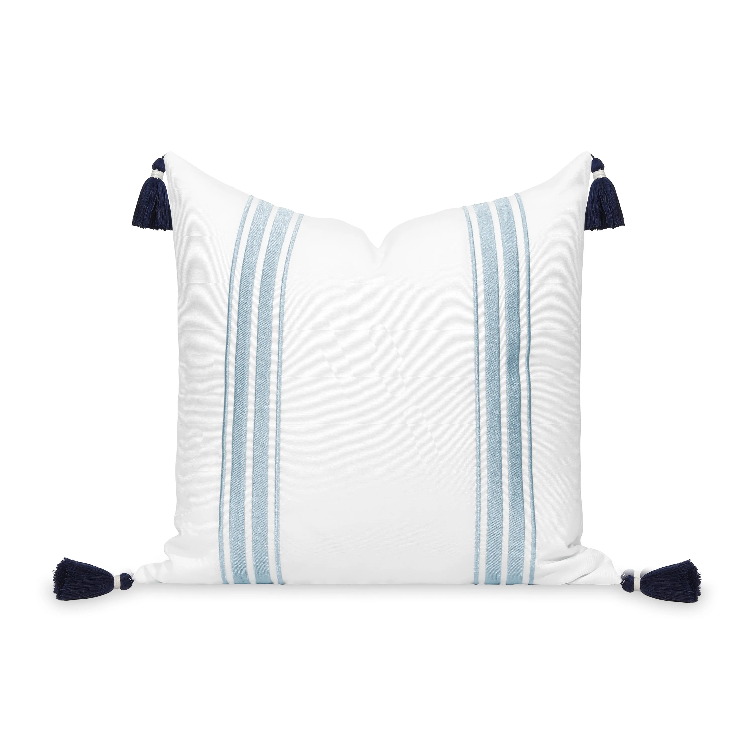 Coastal Indoor Outdoor Throw Pillow Cover, Embroidered Stripes with Tassels, Baby Blue, 20 | Hofdeco