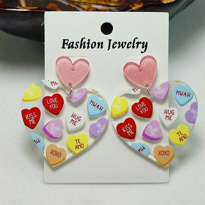 A Delicate Acrylic Heart Shaped Gift Print Earrings, Suitable For Ladies To Wear On Valentine's D... | SHEIN