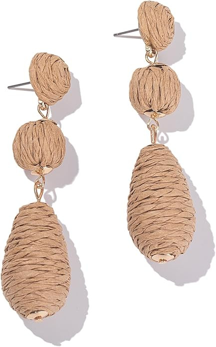 Boho Raffia Earrings Statement Dangle Earrings Cute Teardrop Ball Earrings Colorful Summer Jewelr... | Amazon (US)