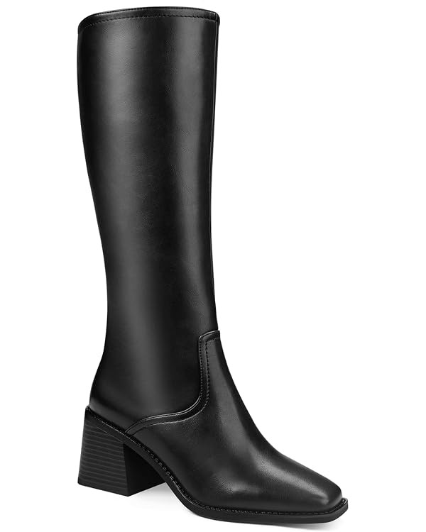 Knee High Boots Women - Long Elastic Faux Leather Boots Tall Square Toe Chunky Block High Heel Sh... | Amazon (US)