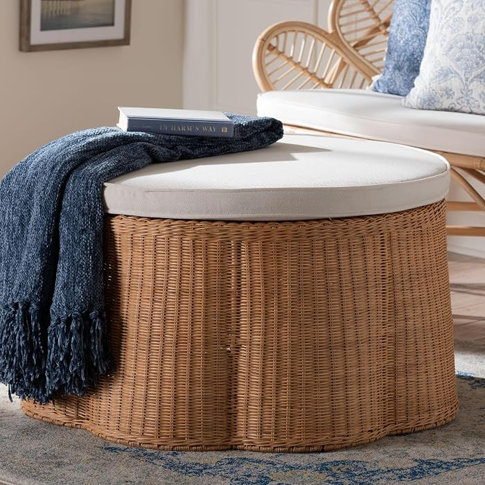 Bali & pari Palm Scallop Natural Rattan Ottoman with Cushion \u2013 Handwoven Wicker Accent Stool... | Amazon (US)
