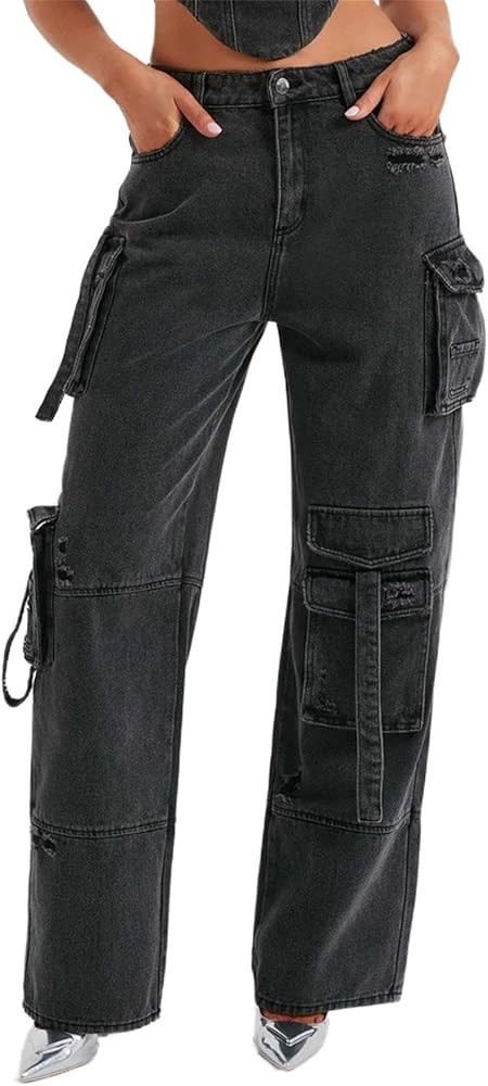 Cargo Jeans for Women Low Rise Baggy Jeans Y2K Multi-Pockets Straight Leg Casual Cargo Pants | Amazon (US)