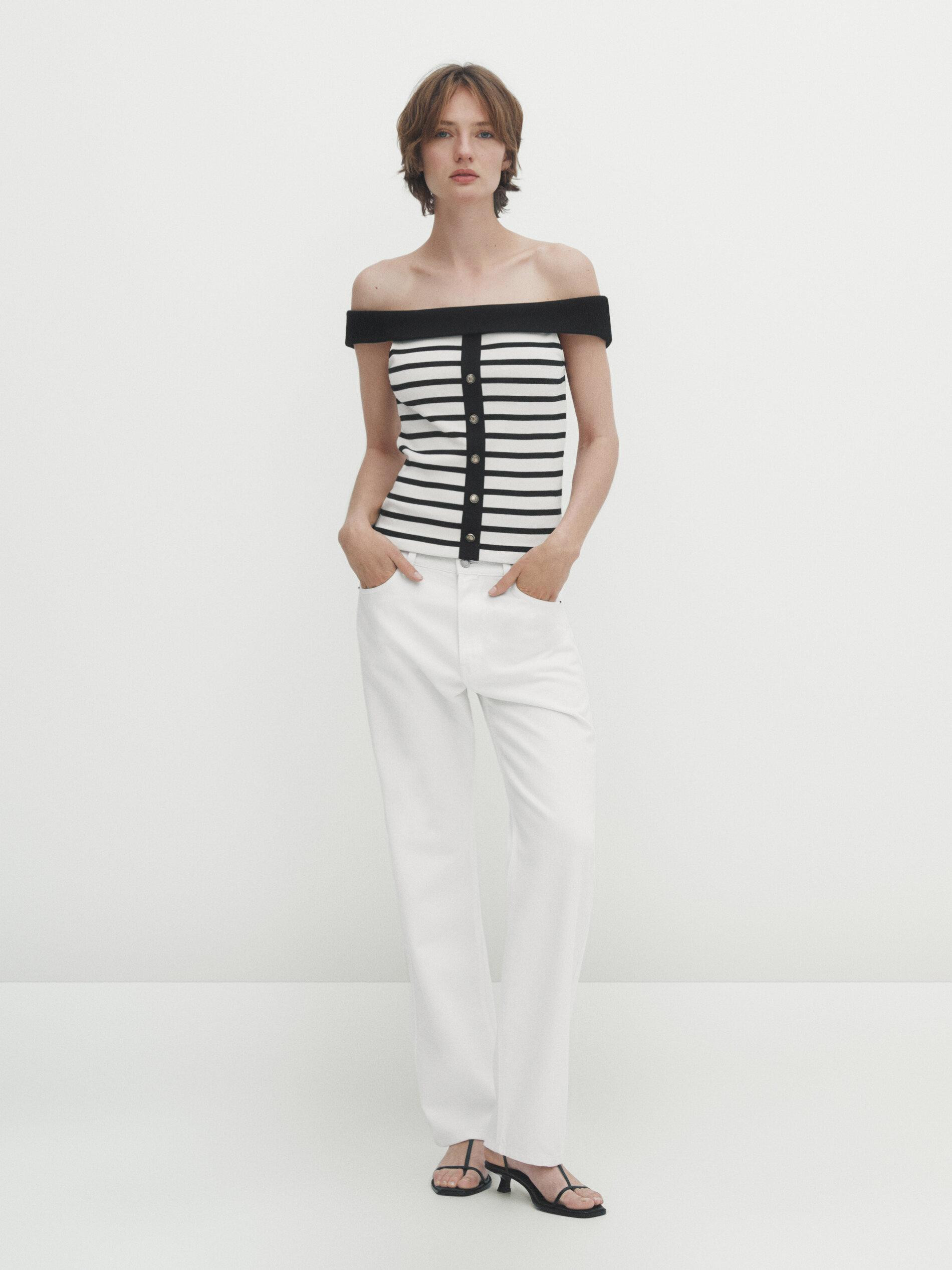 Striped top with buttons and contrast boat neck | Massimo Dutti US