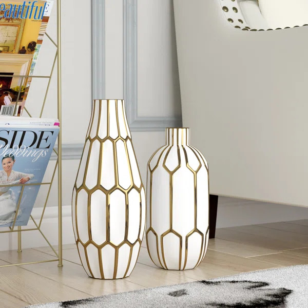 2 Piece Kris White/Gold Indoor / Outdoor Ceramic Table Vase Set | Wayfair North America