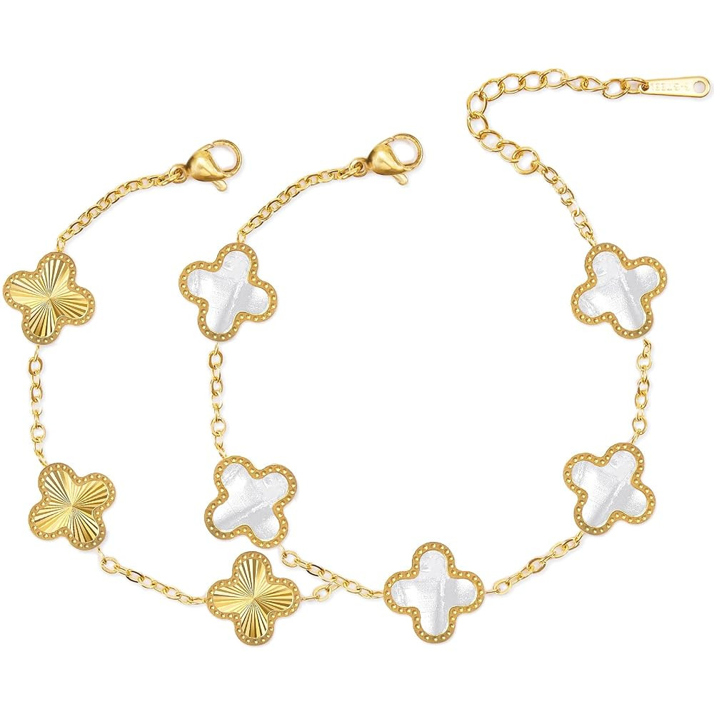 Unique 18K Gold Four Leaf Clover Bracelet for Women White Gold Lucky Link Clover Bracelets, Trend... | Amazon (US)