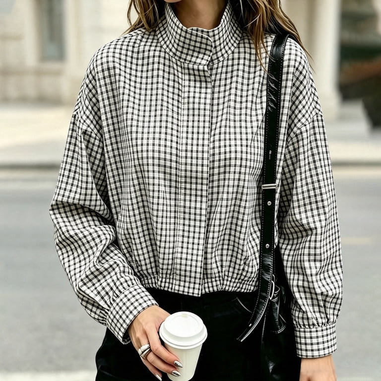 GILIGEGE Women Oversized Cropped Gingham Jacket,Zip Up Stand Collar with Batwing Sleeves Casual C... | Walmart (US)