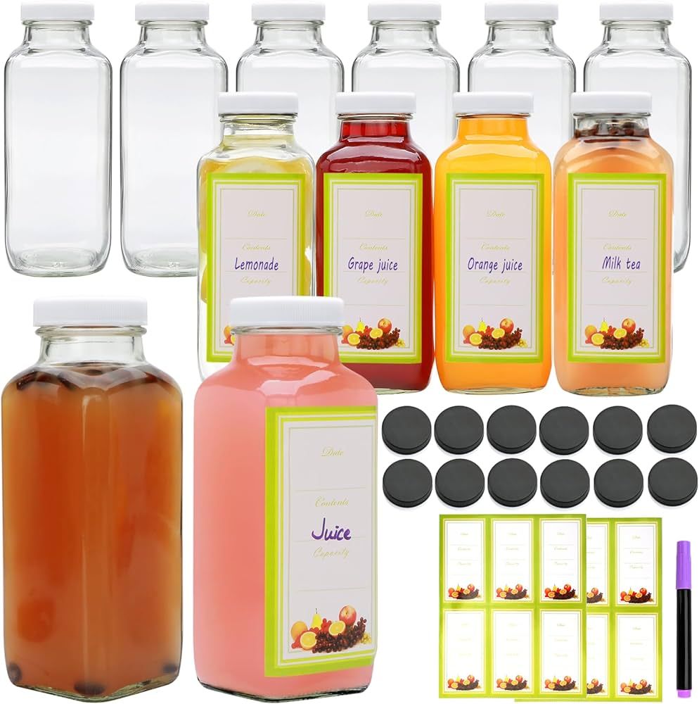 Brajttt Glass Juice Bottles with Lids, 12 OZ Juicing Bottles Reusable Glass, Set of 12 Square Bev... | Amazon (US)
