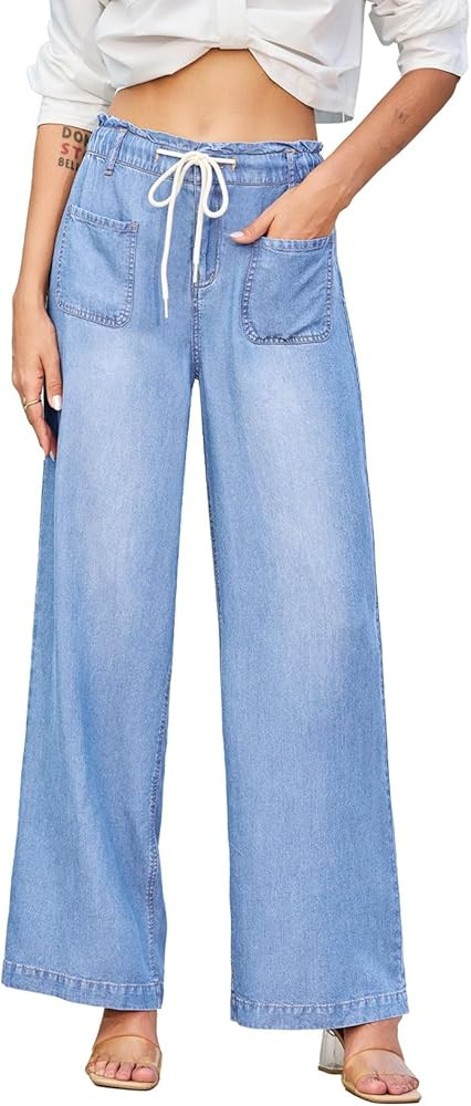 EVALESS Women's Wide Leg Jeans Summer Lightweight High Waisted Straight Leg Baggy Drawstring Deni... | Amazon (US)