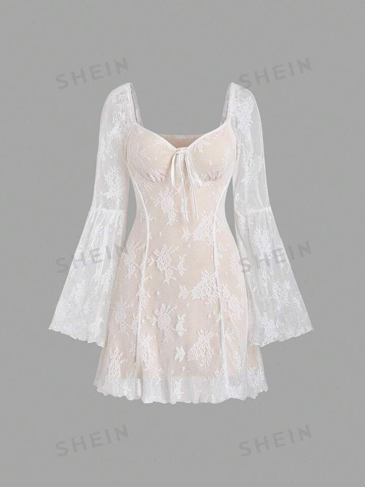 SHEIN MOD Women's Lace Flare Sleeve Front Tie Dress | SHEIN