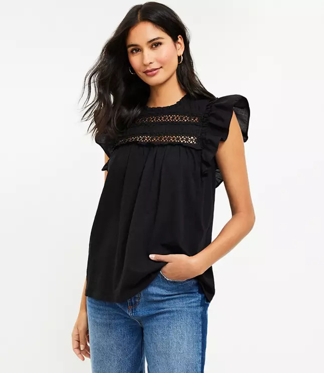 Petite Eyelet Ruffle Trim Mixed Media Top | LOFT