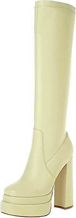 Amazon.com | vivianly Women's Platform Knee High Boots Square Toe Chunky Heel Booties Side Zipper... | Amazon (US)