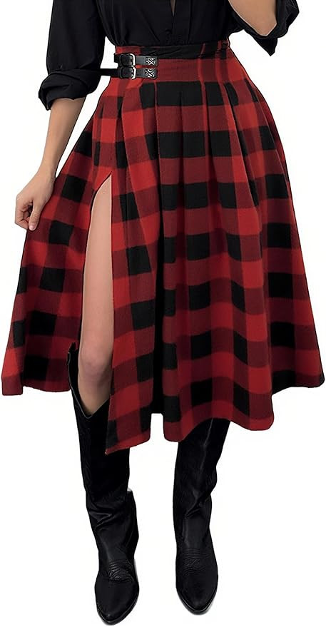 CHICME Women’s 2025 High Waisted Plaid Print Midi Skirt A Line Pleated Skirt with Side Slit and... | Amazon (US)