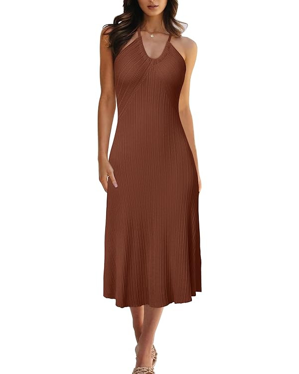 Arach&Cloz Women's Summer Dress 2025 Halter V Neck Sleeveless Ribbed Knit Casual Beach Vacation O... | Amazon (US)