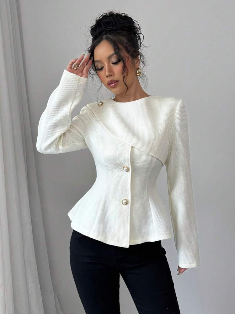 Elenzga Tweed Shawl Collar Cinched Waist Elegant Commuter Jacket, Lady-Like Luxury Coat | SHEIN